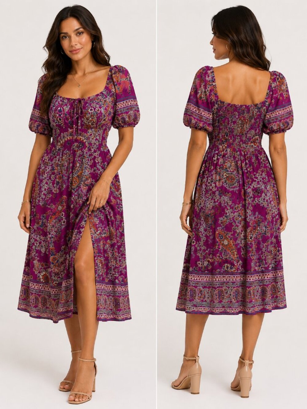 Paisley Midi Dress Fuchsia Puff Sleeve Size S